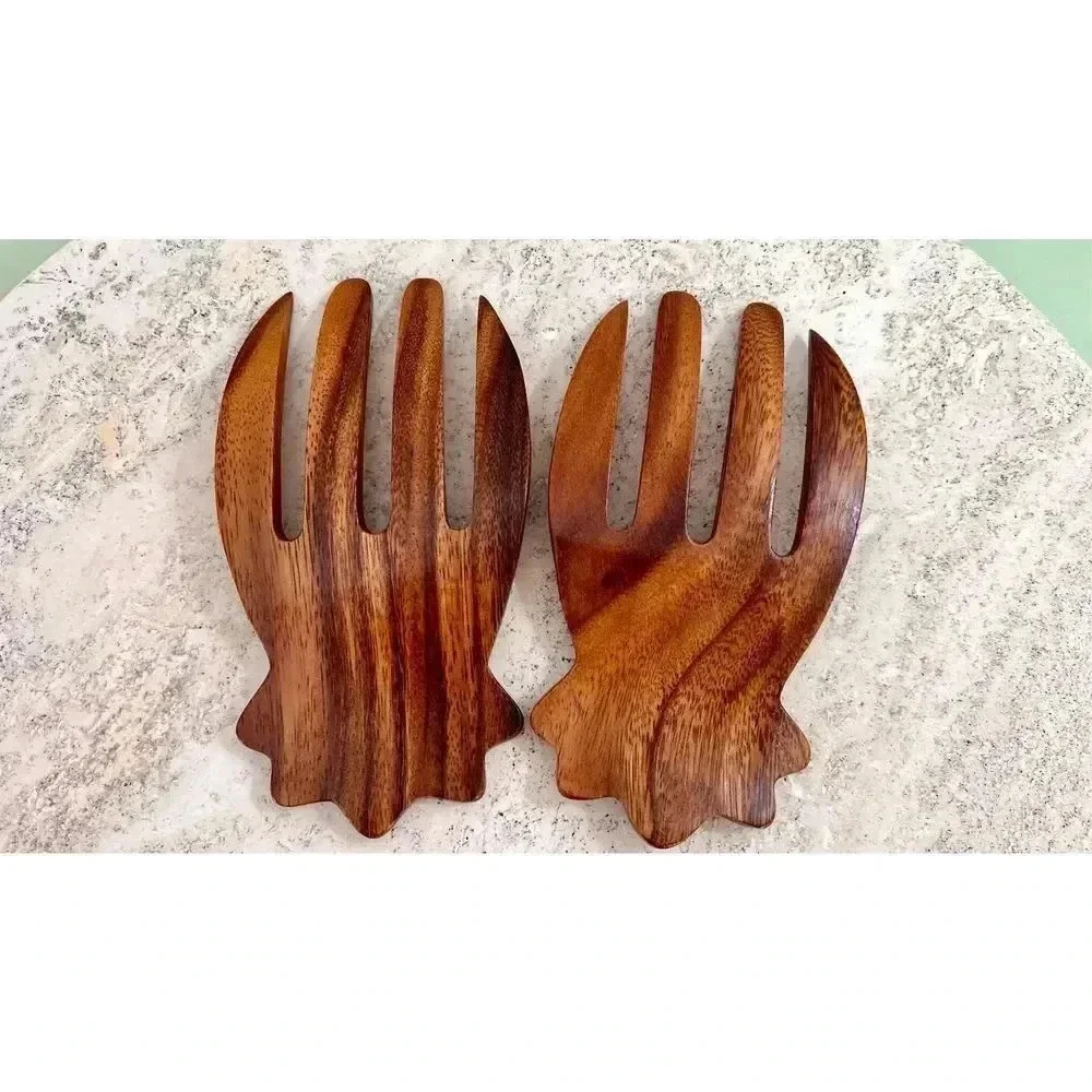 Vintage Brown Hawaiian Kamani Wood Pineapple‎ Salad Tossing Hands Fork Servers